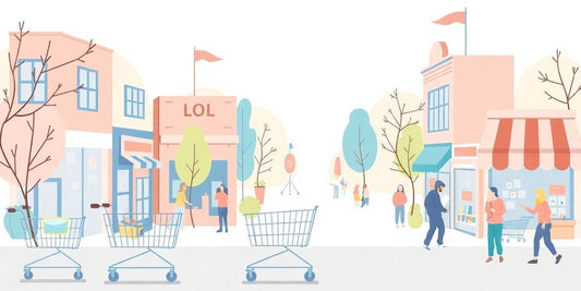 Illustration in pastel tones about local businesses and ecommerce.