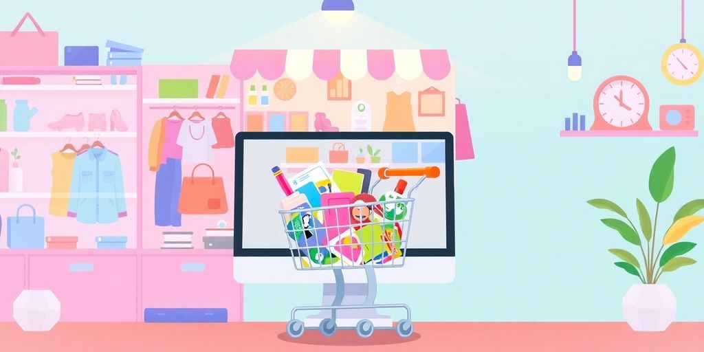 Tienda online colorida con productos diversos y pastel.