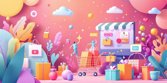 Colorful illustration about ecommerce in pastel tones.